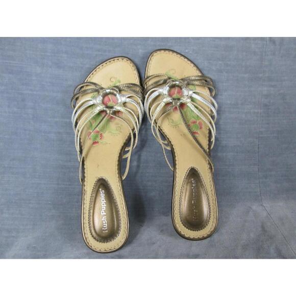 Hush Puppies Shoes - Hush Puppies Sandals Womens 6M Metallic Leather Slides Floral Insole Wedge Heels